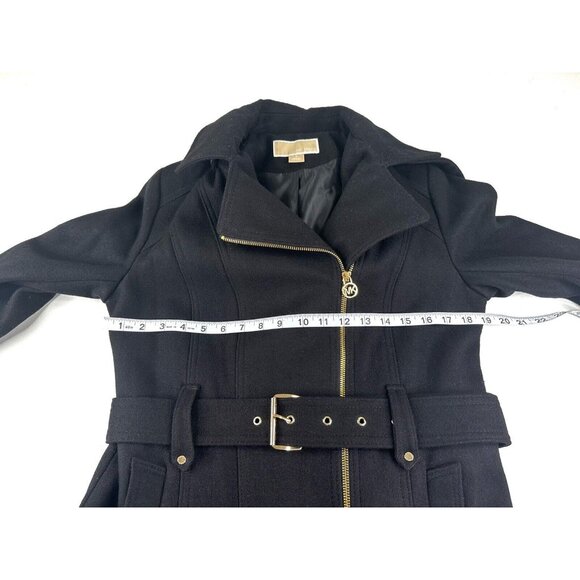 Michael Kors Asymmetric Zip Wool Blend Coat Black Women's Size 8 Belted Hooded - Picture 7 of 16